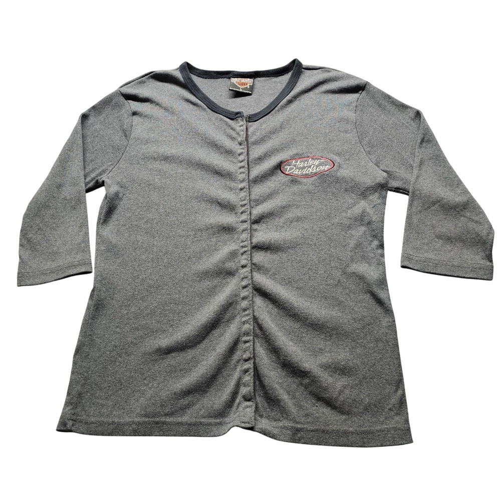 Harley-Davidson Top Womens L Gray Motorcycle 3/4 Sleeve Snap Front Biker Shirt